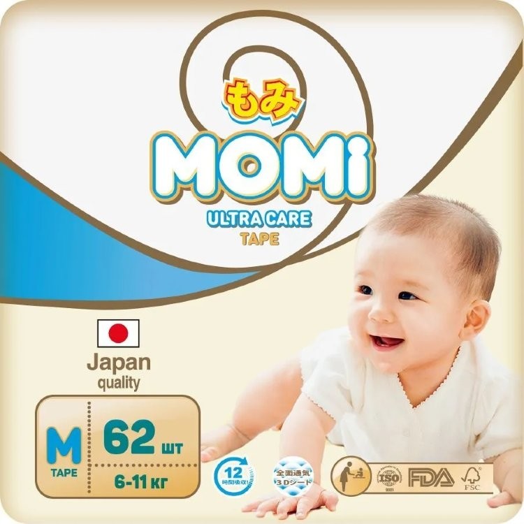 MOMI Ultra Care подгузники  M (6-11 кг). 62  шт